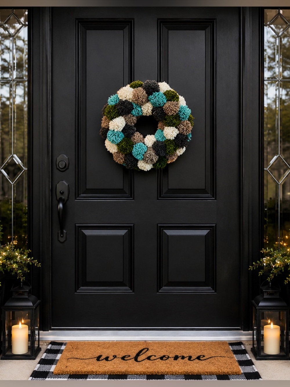 Hand Crafted Teal, Cream, Brown, Dark Green and Tan Pom-Pom Holiday Wreath.